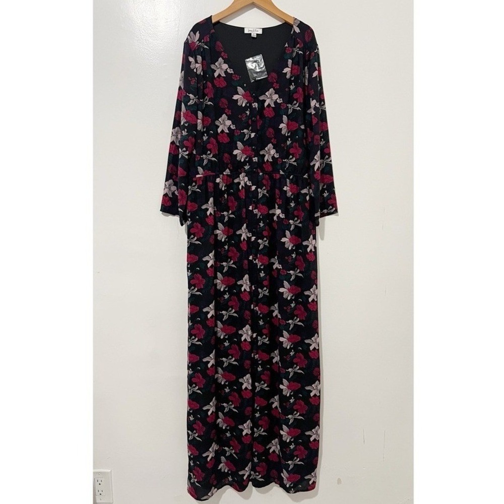 James & Erin Womens Black Pink Floral Button Front Elastic Waist Maxi Dress L